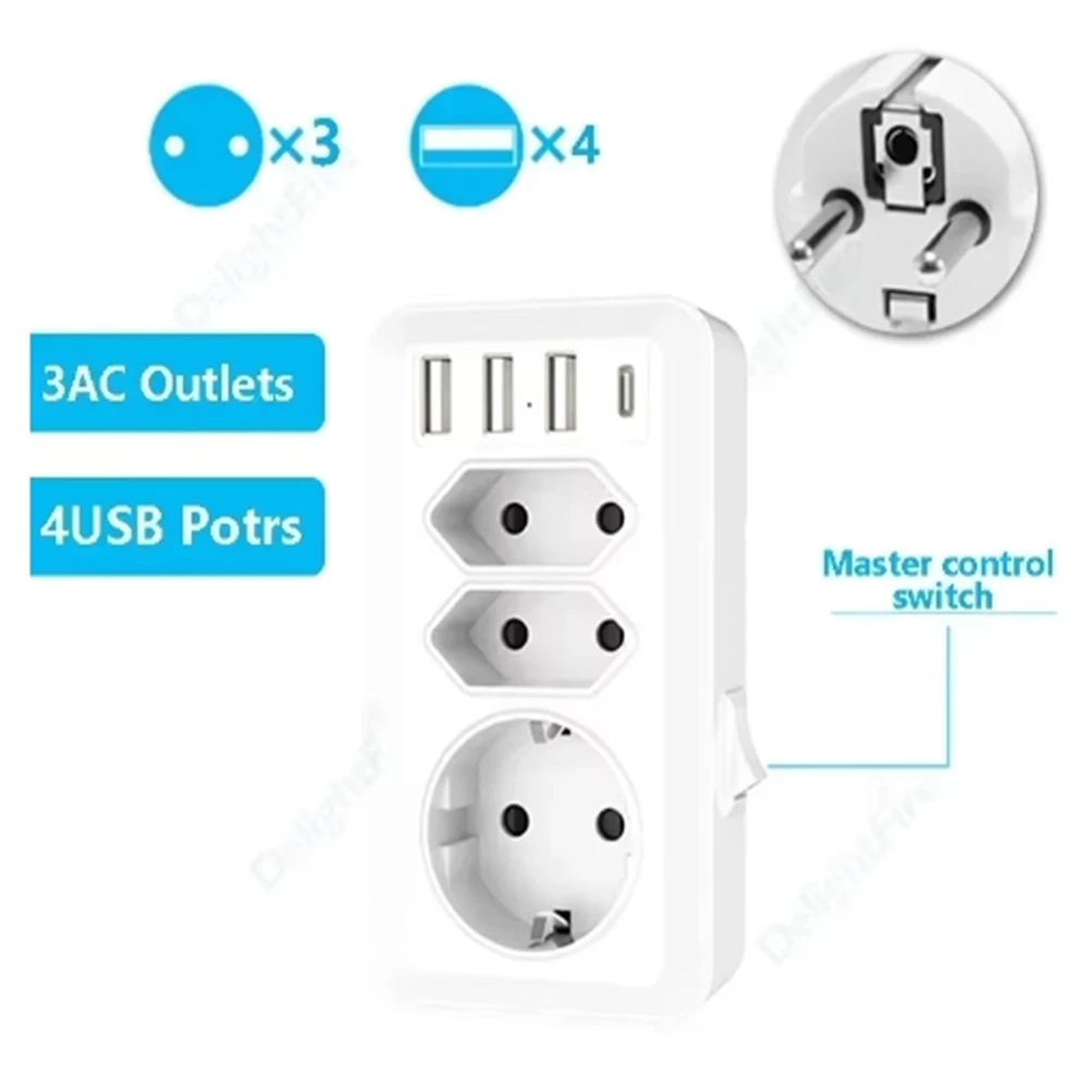 Wall socket extender with 3 AC sockets, 3 USB ports, and 1 5V 3.4A power charger adapter, European standard power board converte