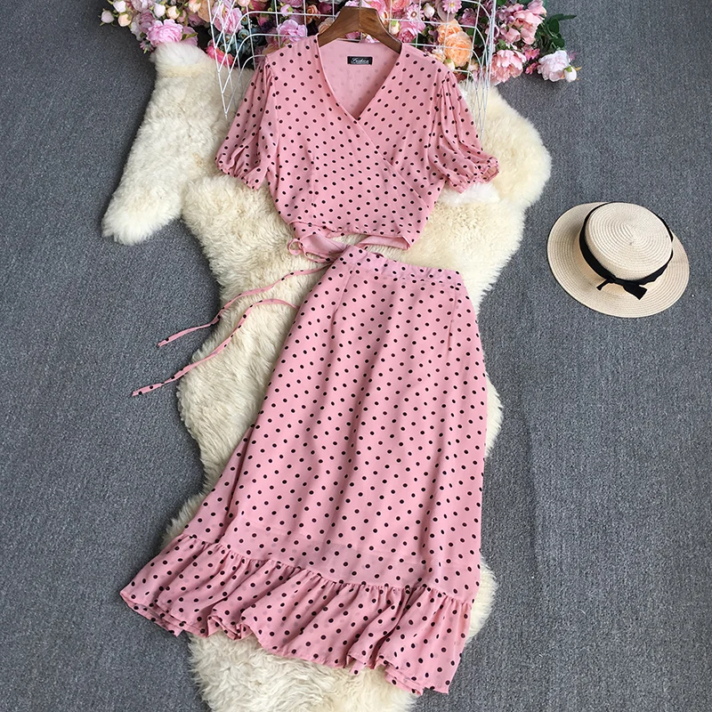 Summer New Fashion Polka Dot Print V-neck Tie Short-sleeved Top + High Waist Lotus Leaf Hem Skirt Two-piece Women's Fashion