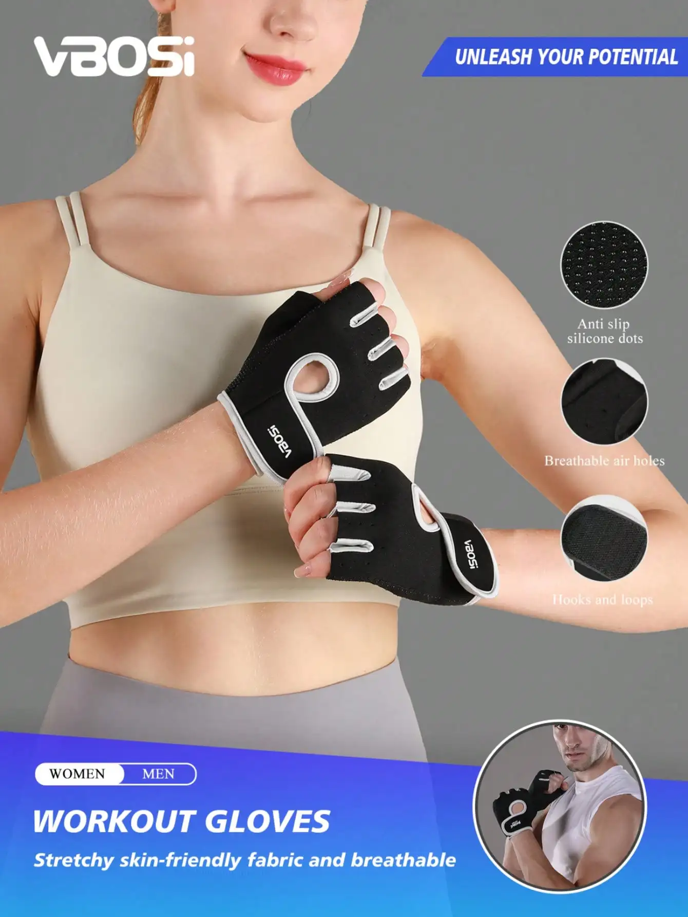 VBOSI 1 Pair Women Men Half Finger Adjustable Breathable Sports Gloves For Weightlifting Dumbbell Cycling Fitness Training，st2308288916692884