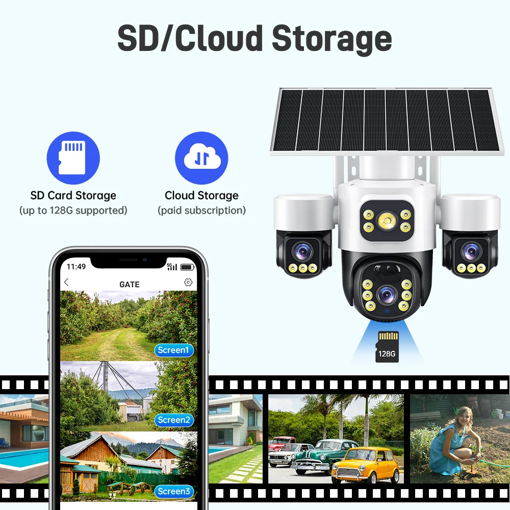 

AOV 8K 15MP 4G Solar Security Camera, 3 Screen 3 Lens PTZ with 12X Zoom, Wireless Outdoor CCTV for Home Surveillance