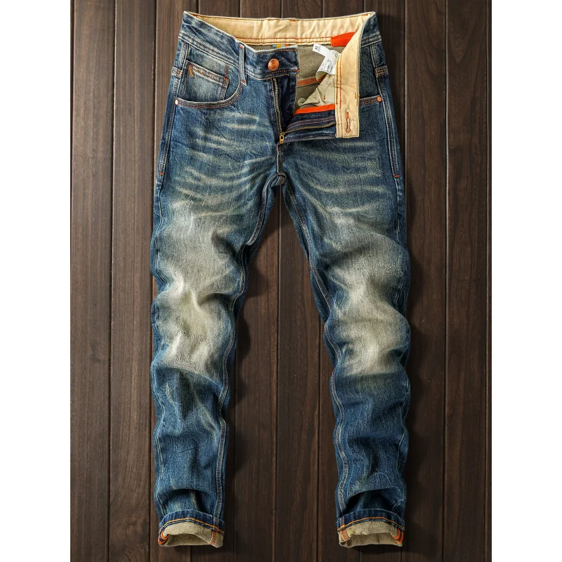 

Retro washed blue jeans men's 2025 autumn trend casual American versatile elastic small leg pants