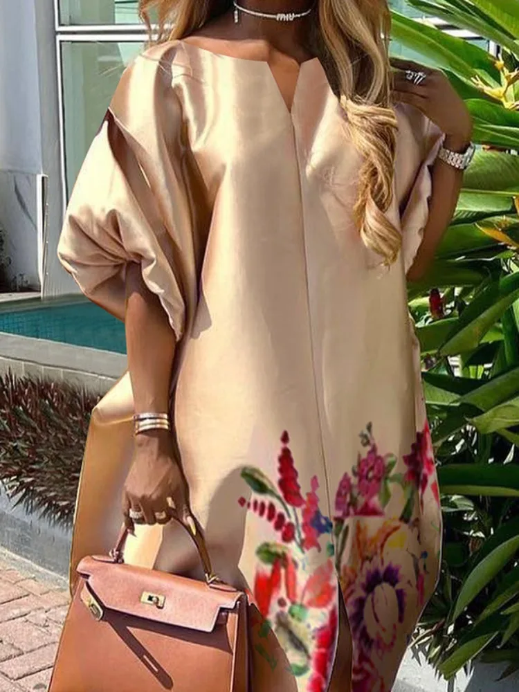 Women's Casual Loose Satin Kaftan Floral Print V-Neck Puff Sleeve Maxi Dress 2026 Summer Elegant Evening Party Gowns