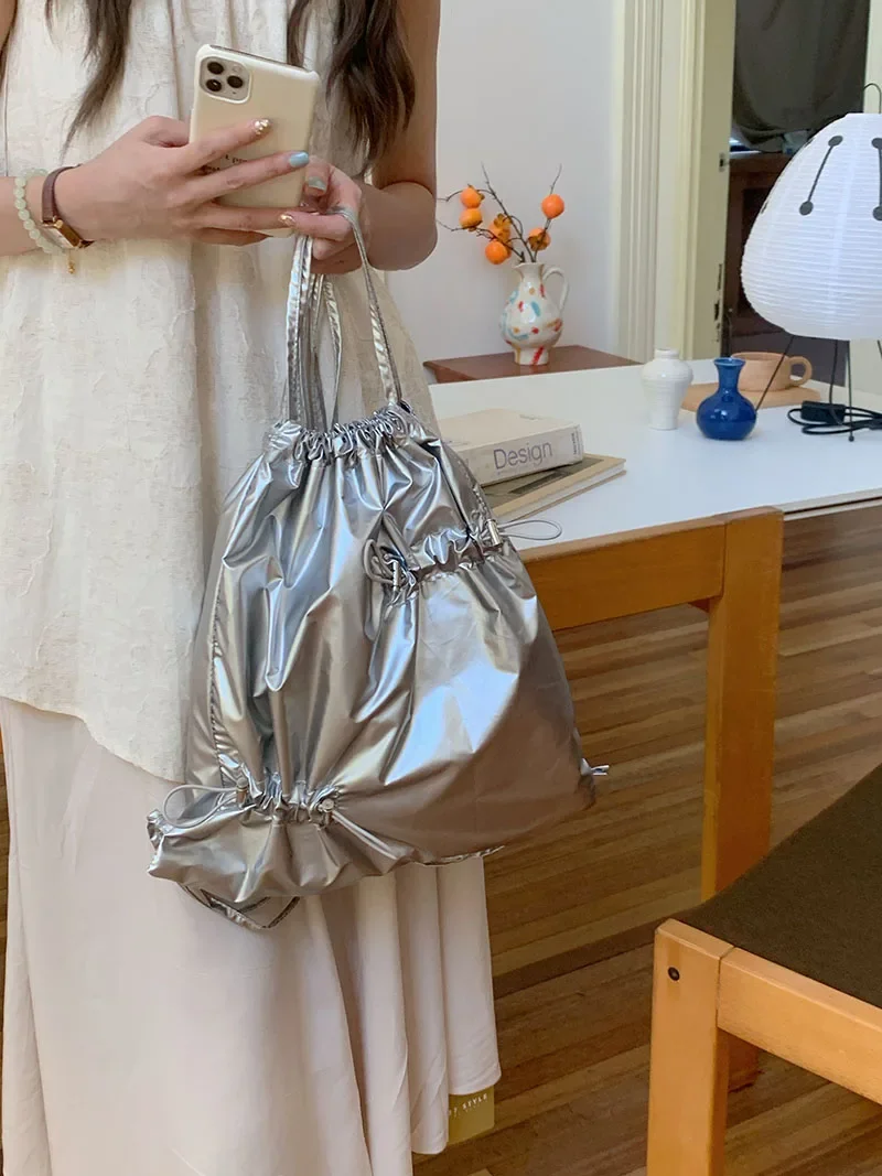 Simple Drawstring Women's Shoulder Bag Solid Colour Female Fashion Backpacks pleated Glossy Ladies Portable Tote Purse Handbags