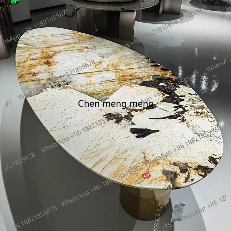 Asmt49Trending Villa Home Design Corrosion/Heat/Easy-Clean Italian Luxury Stainless Steel Dining Table, Oval Imported Stone