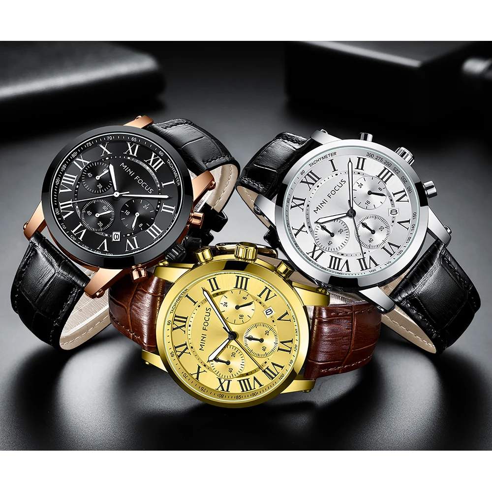 Mini foco 0415 marca moda relógios de quartzo para o homem luminoso à prova dwaterproof água calendário pulseira couro casual esportes masculino relógio pulso