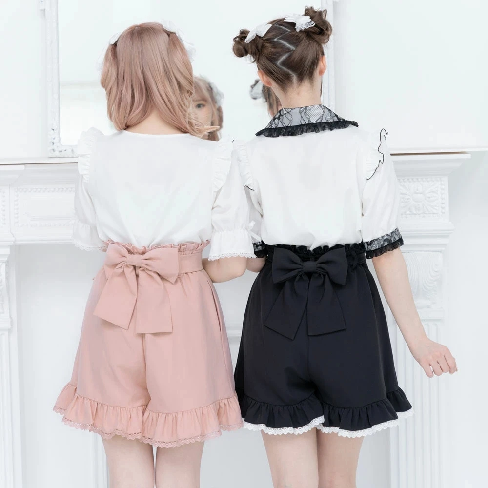 Japanese rojita Pleated Shorts Ruffled Heart-Shaped Belt High Waist Short Pants 2023 Spring Summer New Sweet Lolita Hot Pants