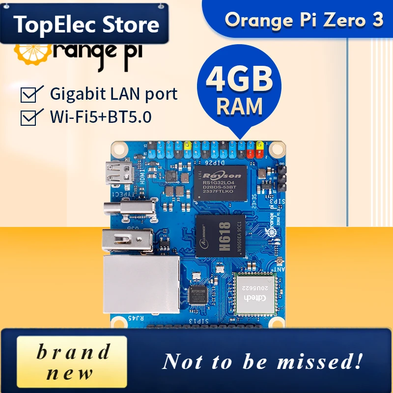 TopElec Orange Pi Zero 3 4GB Ram Single Board Computer Allwinner H618 Chip Wifi-BT5.0 LPDDR4 Gigabit Orange Pi Zero3 Development