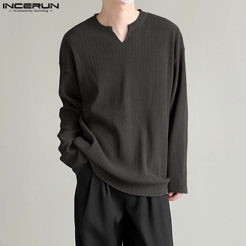INCERUN الرجال تي شيرت بلون الخامس الرقبة طويلة الأكمام ربيع الخريف الذكور المحملة القمم الشارع الشهير فضفاض الكورية نمط ملابس الرجال غير رسمية