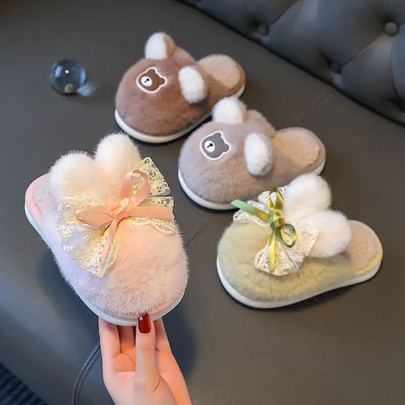 Kids'Slippers Cartoon Solid Color Plush Winter Flat Shoes For Children Anti-slip Soft Bottom Home Slipper Pink Grey Size 26-39