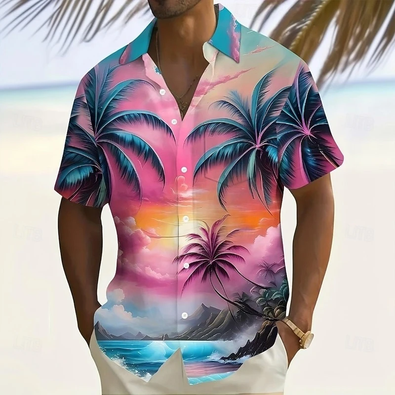 Tropical Sunset Landscape Aloha Shirt Men Men Clothing Short Sleeve Lapel Casual Summer Shirts Full Sublimation Oversized Blouse