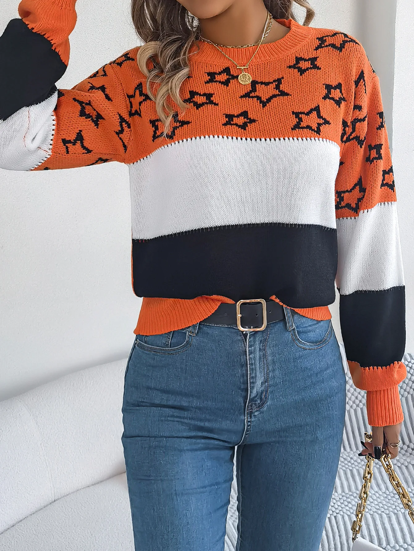 2025 Otoño Invierno mujer suéter Tops suéteres mujer Casual Color-Block estrella recorte linterna manga suéter