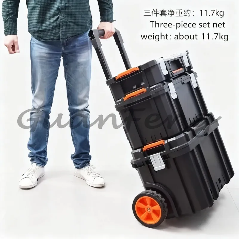 Rolling Pull Handle Toolbox, Stackable 3-Layer Storage Case, Detachable Wheeled Tool Cart for Garage Workshop