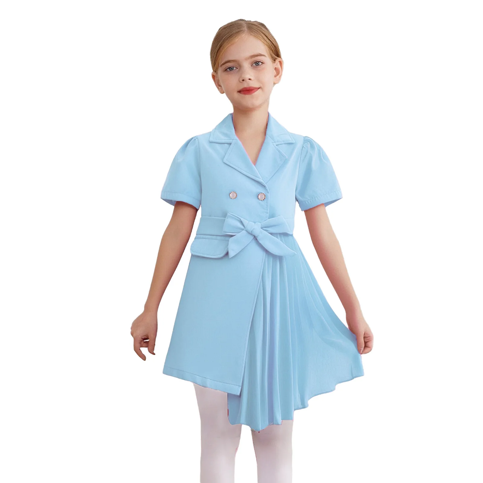 

Kids Girls Dress School Uniform Lapel Collar Short Sleeve Chiffon Patchwork Suit Pleated Dress with Belt for Pageant Party Dress