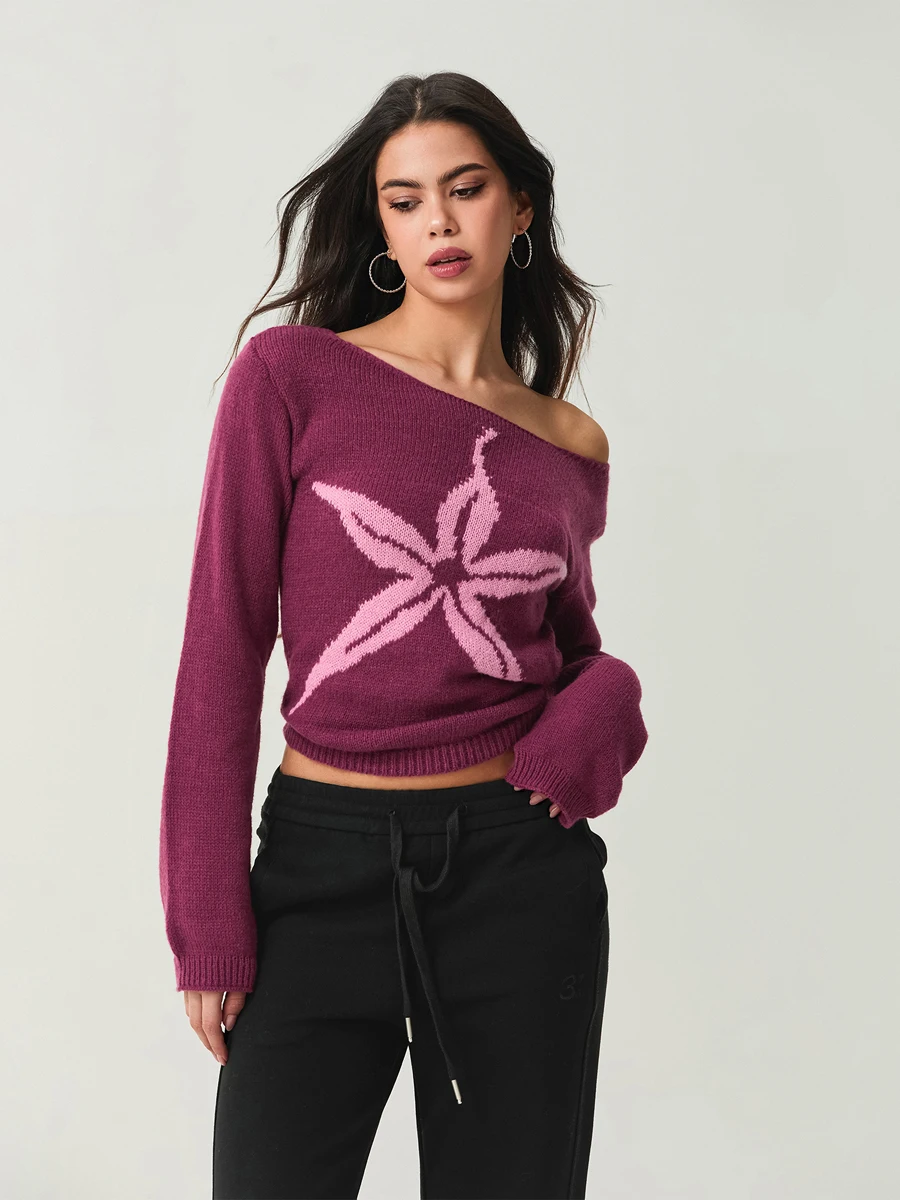 새로운 패션 여성 오프숄더 스웨터 슬림 그래픽 프린트 긴팔 니트 탑 빈티지 스트릿웨어 특가 S M L