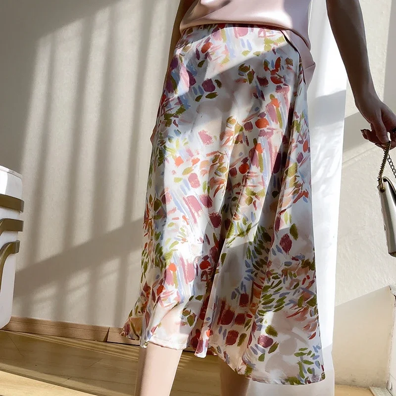 

2024 Spring and Summer New Acetic Acid Fabric Skirt Women's High Waist A Long Fashion Floral Dress