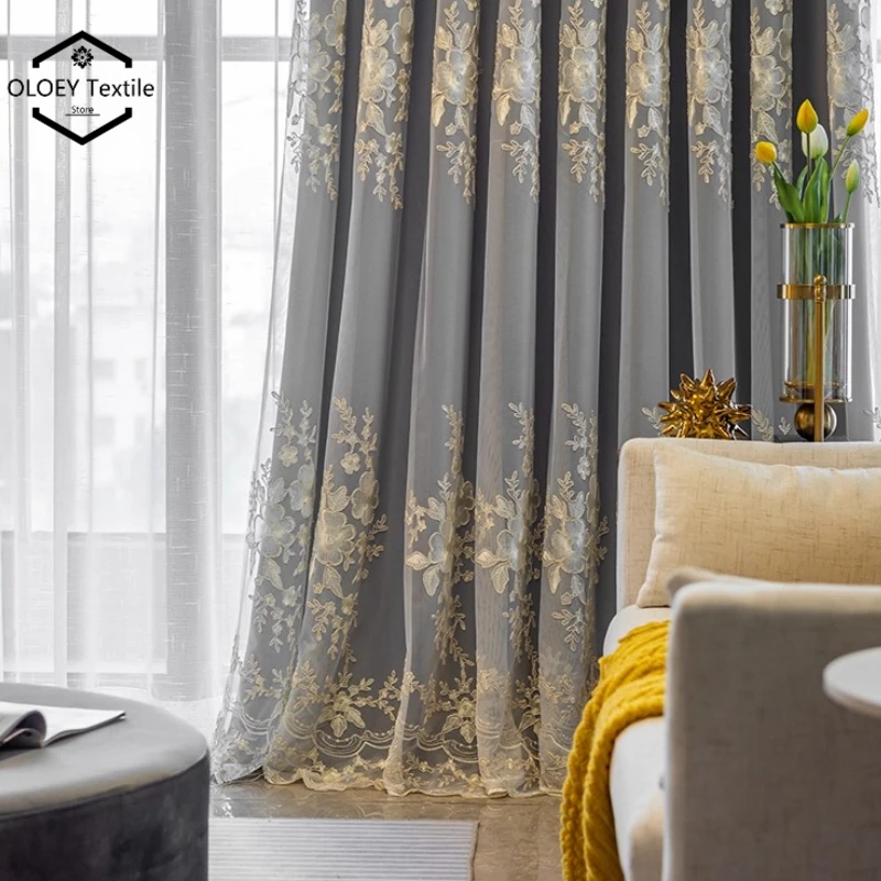 

Luxury French Double Layer Embroidered Velvet Blackout with Sheer Panels Nordic Curtains for Living Room Window Drapes Palace