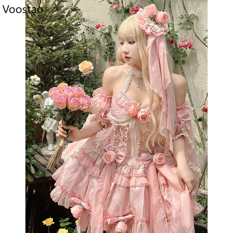 Robe de Princesse Vintage en Dentelle Douce pour Femme, Tenue de Soirée Élégante, Kawaii, Harajuku, Lolita, Fleur de Rose