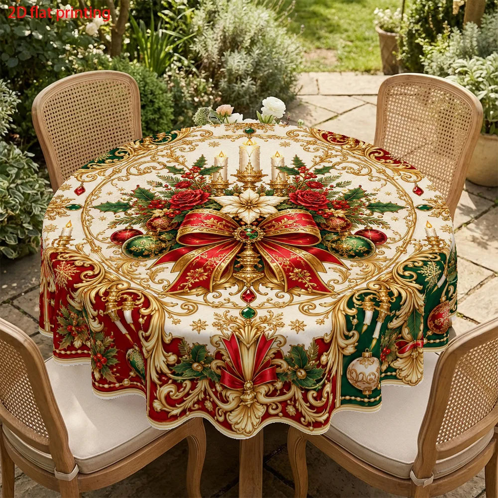 One package, 2D flat print Christmas theme round tablecloth, red green and gold decorative printed tablecloth
