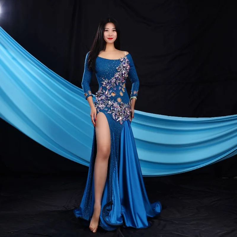 Customized Oriental Dance Clothing Performance Costume One Piece Bareback Heavy Duty Belly Covering Long Dress bellydance wear