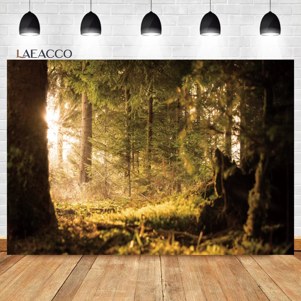 Laeacco Spring Forest Photography Backdrop Sunlight Sunrise Nature Landscape Family Camping Kid Adults Portrait Photo Background