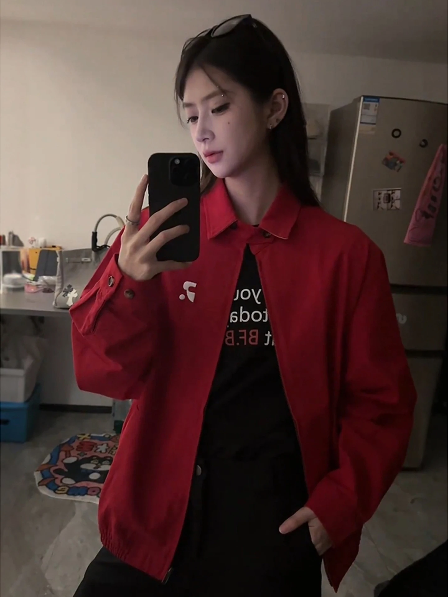 

American Retro Red Harington Jaet Men's Autumn Turn-down Collar Baseball Loose Casual Outerwear Long Sve Youth Faion