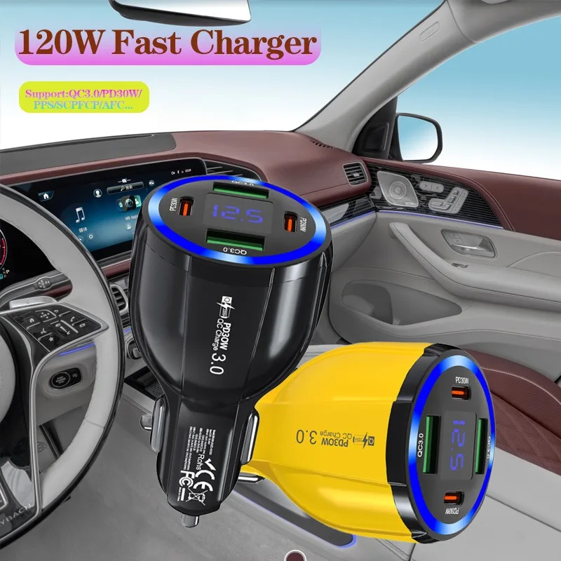 4Port 120W Car Super Fast Charger QC3.0 PD30W Digital Real-time Voltage With Color Atmosphere Lamp Car Cigarette Lighter Charger