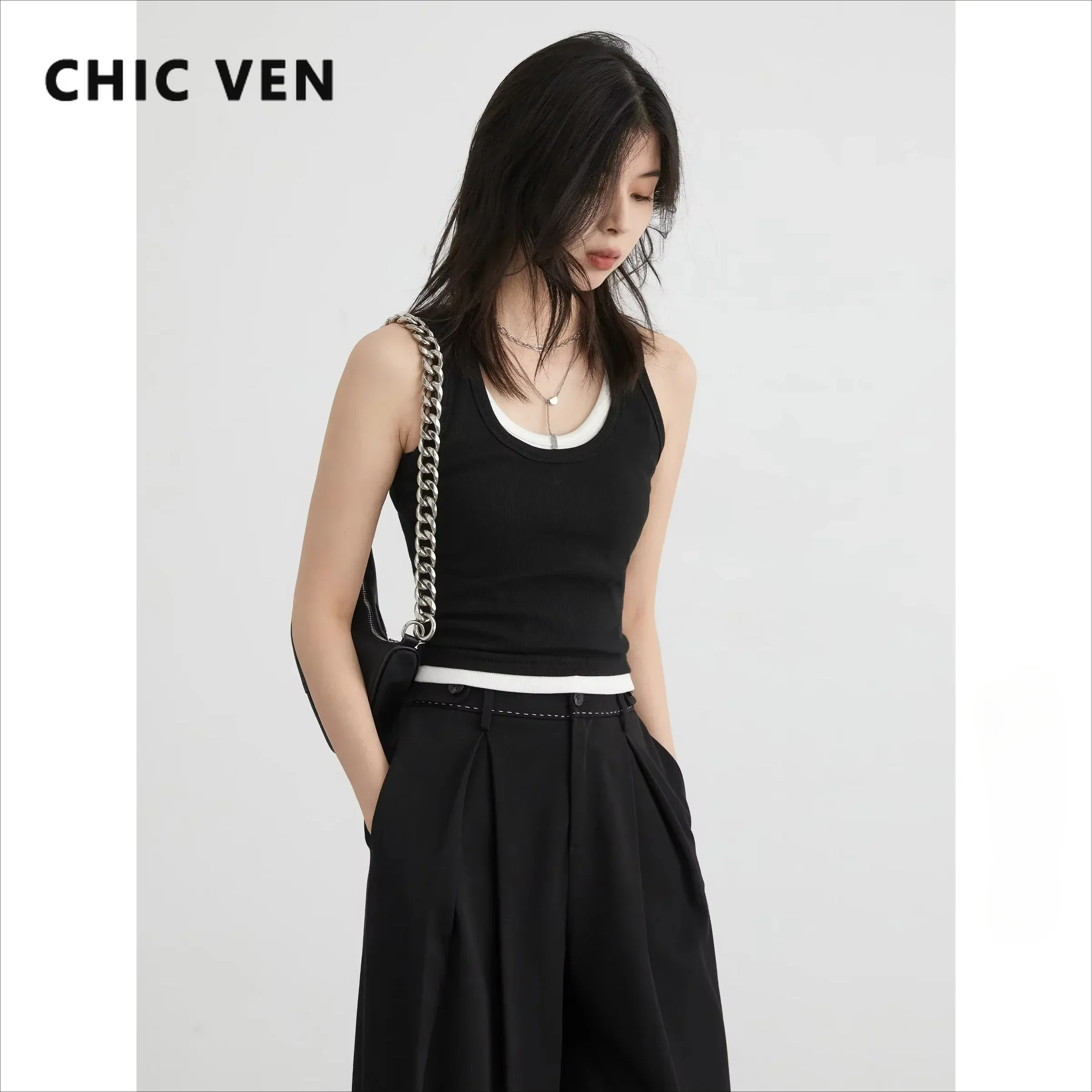 CHIC VEN Women Tanks Korean Casual U-neck Contrasting Color Splicing Female Vest Slim Fit Crop Tops Fashion Clothing Autumn 2024