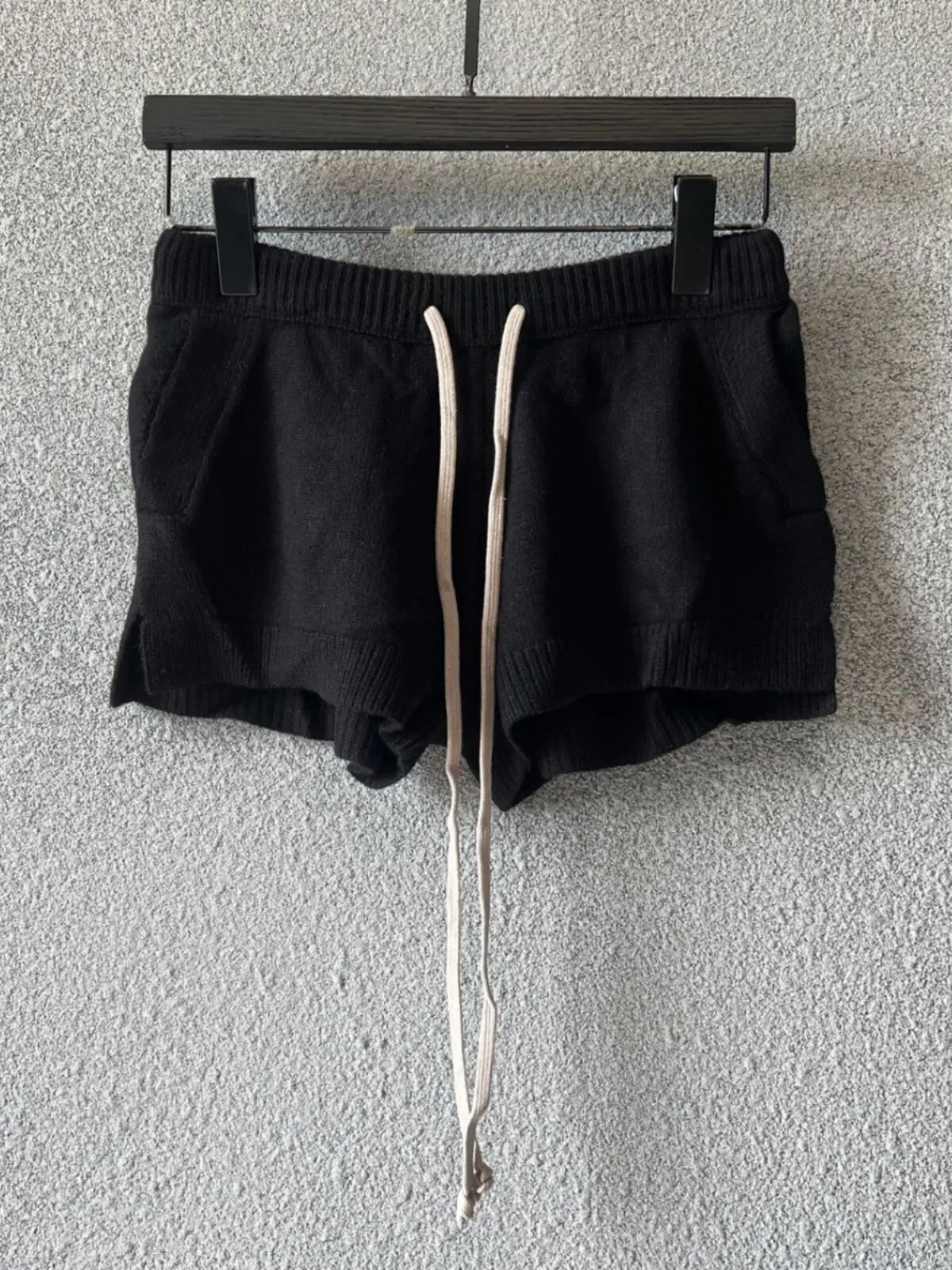 High Street  RO Black Shorts Women's Summer Dark StyleElastic Drawstring Wool Blend Solid Color Fitted Casual Knit Shorts