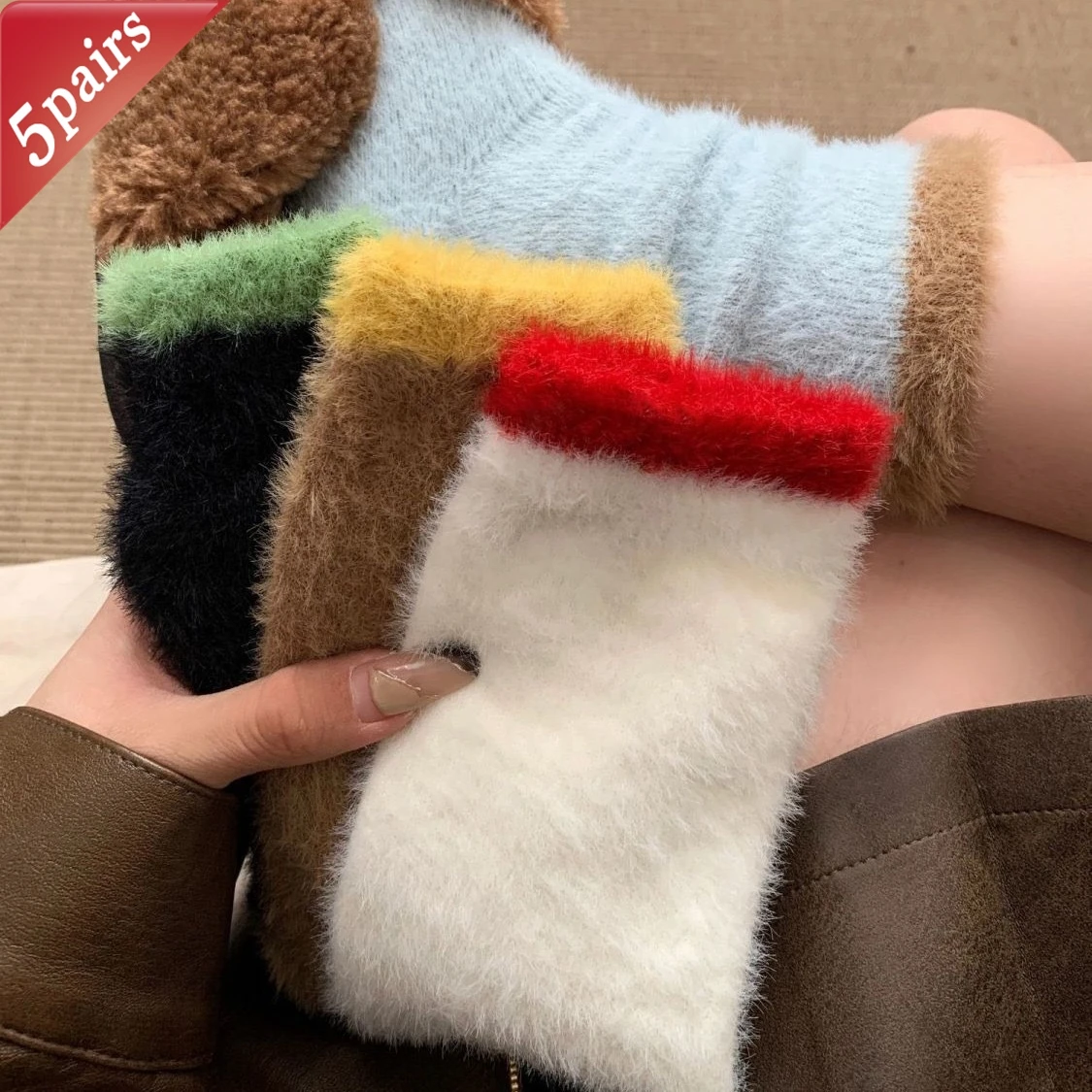 

5 Pairs Women's Socks Winter Thickened Soft Mink Fur Socks Set Contrasting Colors Dopamine Versatile Kawaii Sweet Mid Tube Socks