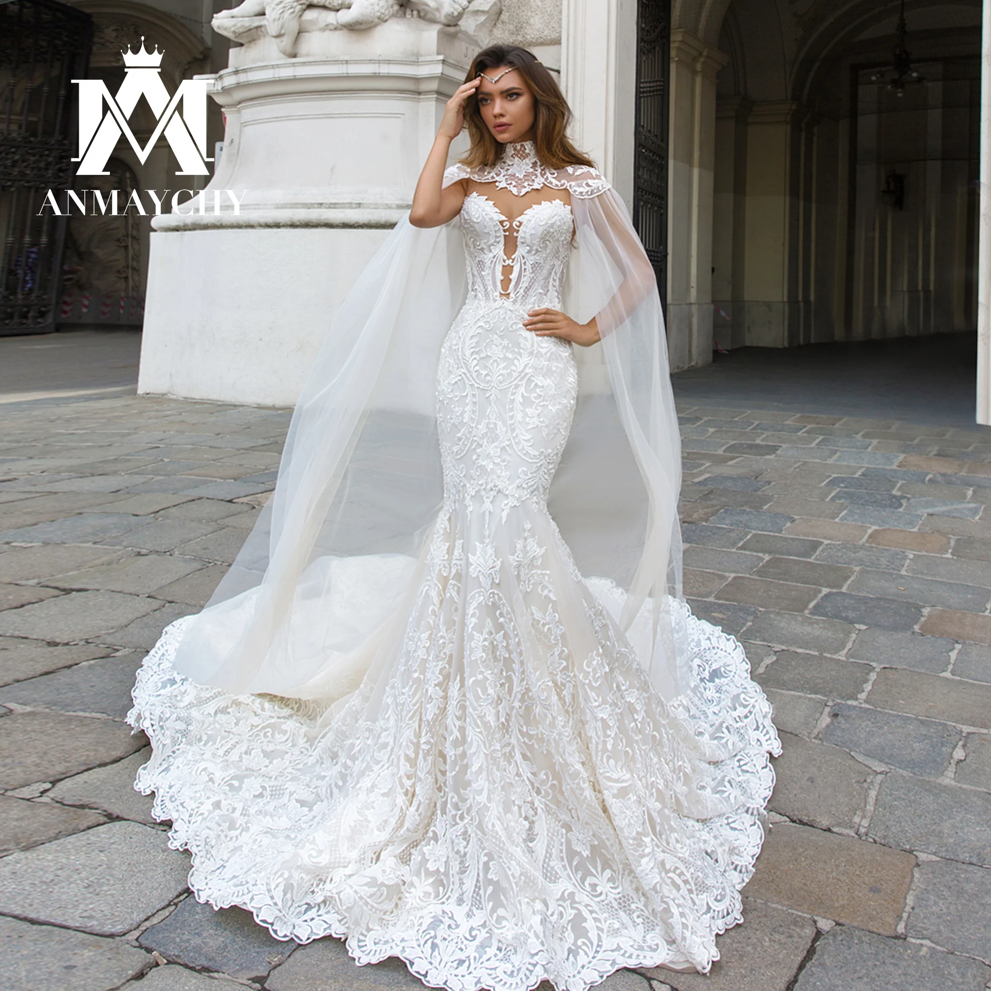 

ANMAYCHY Mermaid Wedding Dresses For Women 2023 Strapless Deep V-neck Beading Sequined Mit Cape Wedding Gown Vestidos De Novia