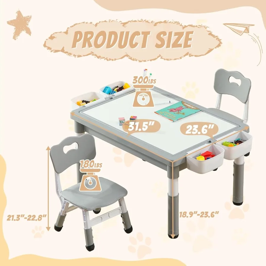 Multi Functional Table and 2 Chairs Set with Graffiti Building Blocks Double-Sided Tabletop Toddler Play Table Featuring Drawer