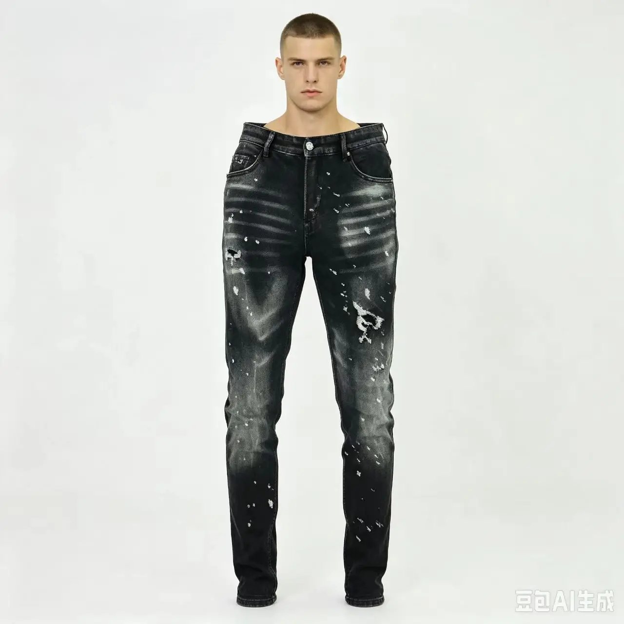 Fashionable new black men's jeans, scratch washed, distressed, stretchy slim fit jeans, high street hip-hop brand pants, Y2K