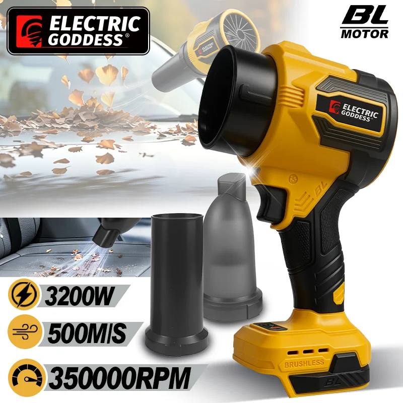 

Электрический турбовентилятор Electric Goddess 3200W с бесщеточным двигателем, 350000 об/мин, ручной инструмент для сдувания листьев, совместимый с аккумулятором Dewalt 20V.