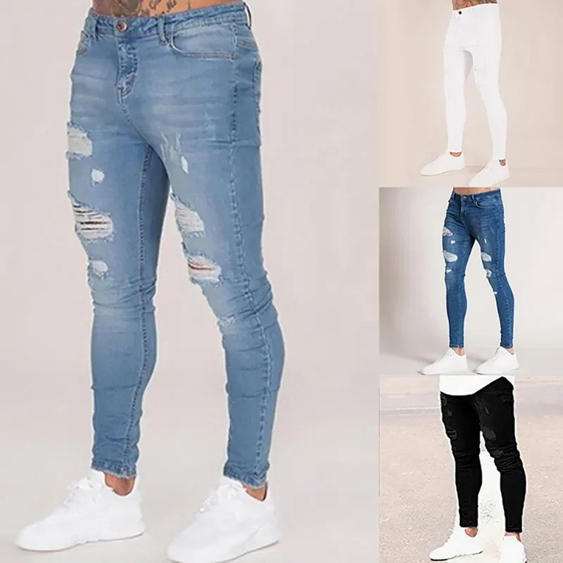 Pencil Pants Elastic Sweatpants Men Fit Solid Ripped Denim Harem Pants Casual Black Blue White Destroyed Jeans Pants