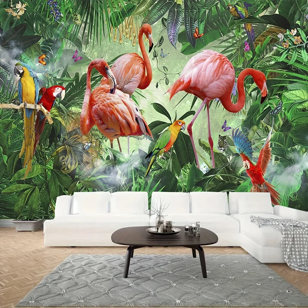 Tropical Wildlife and Flamingo Tapestry Foliage Wall Hanging for Living Room, Indoor Brushed Polyester Fabric Mural with Free