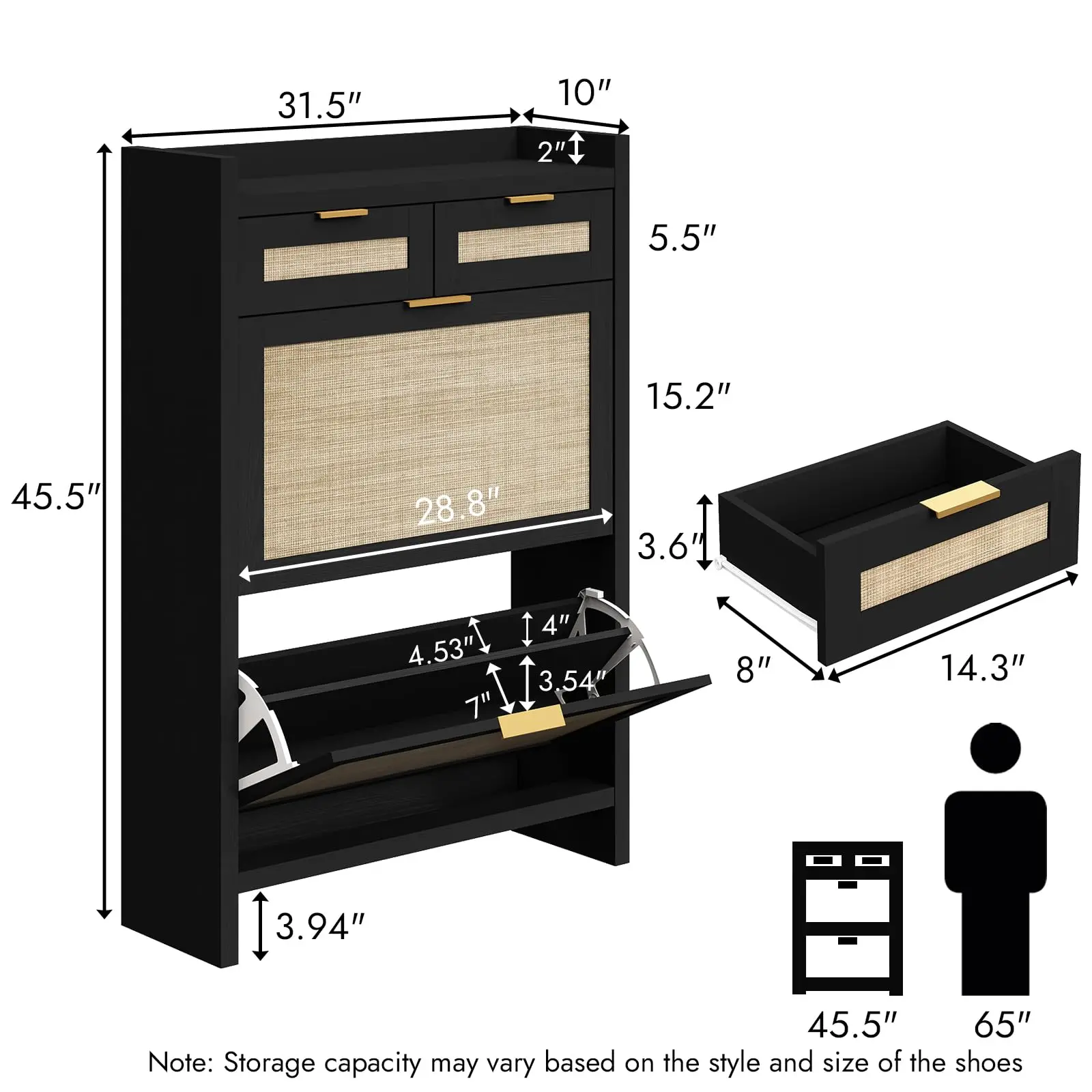 Rattan Shoe Storage Cabinet with 2 Drawers & 2 Flip Drawers