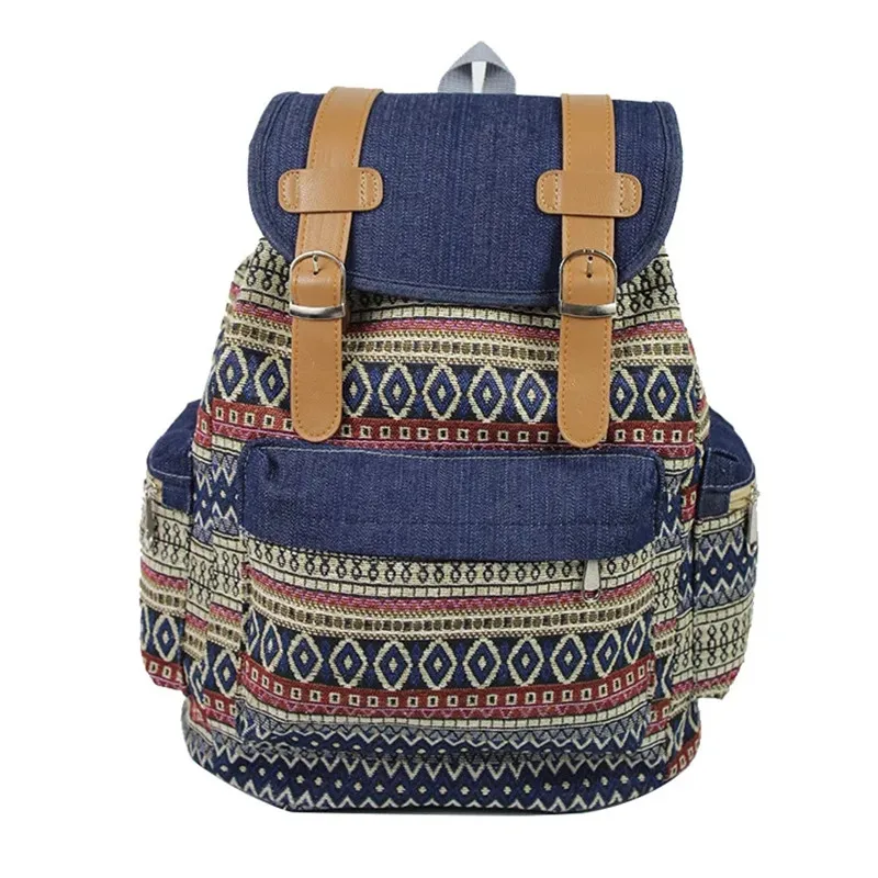 Mochila de viaje étnica para mujer, bolso de hombro de mezclilla con cordón, bolso escolar para estudiantes, Plecaki Szkolne, bolsos escolares Canva