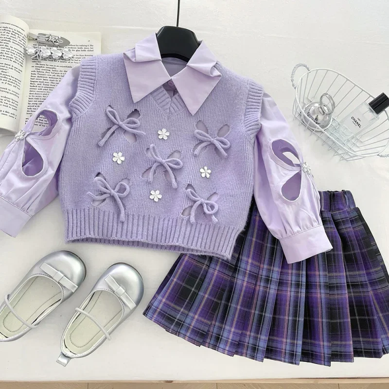 Girls' Spring and Autumn New Light Purple Versatile Bowknot Knitted Vest Shirt Plaid Skirt Three-Piece Set Trendy