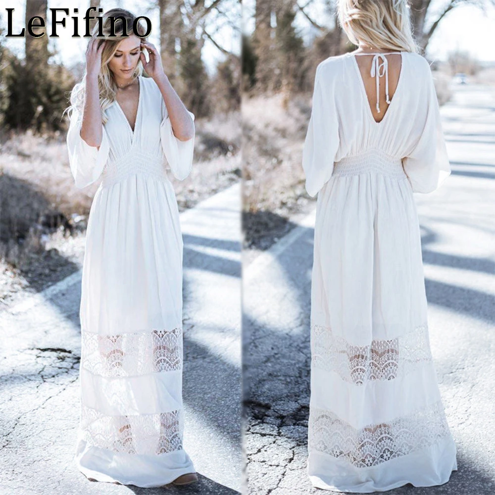 

Fashion Summer Cotton Solid Color Hollow Out V-neck Loose Fitting Large Size Sun Protection Long Dress Bikini Cover Up For Women