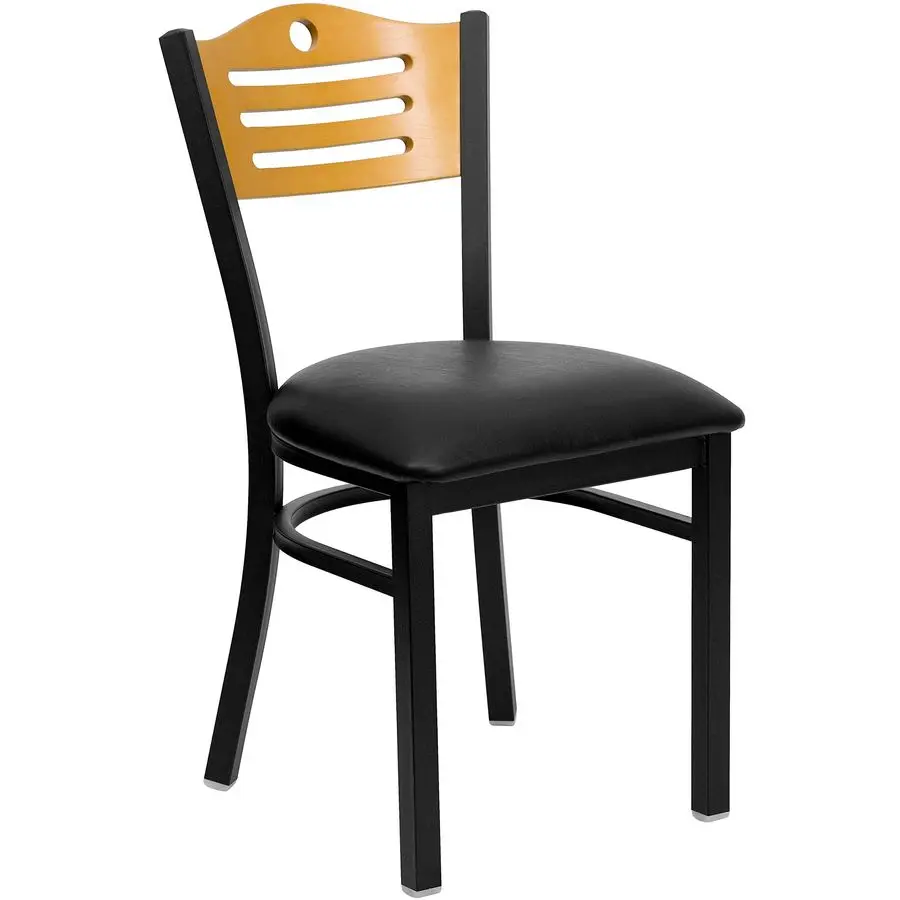 

HERCULES Series Black Slat Back Metal Restaurant Chair Natural Wood Back, Black Vinyl Seat