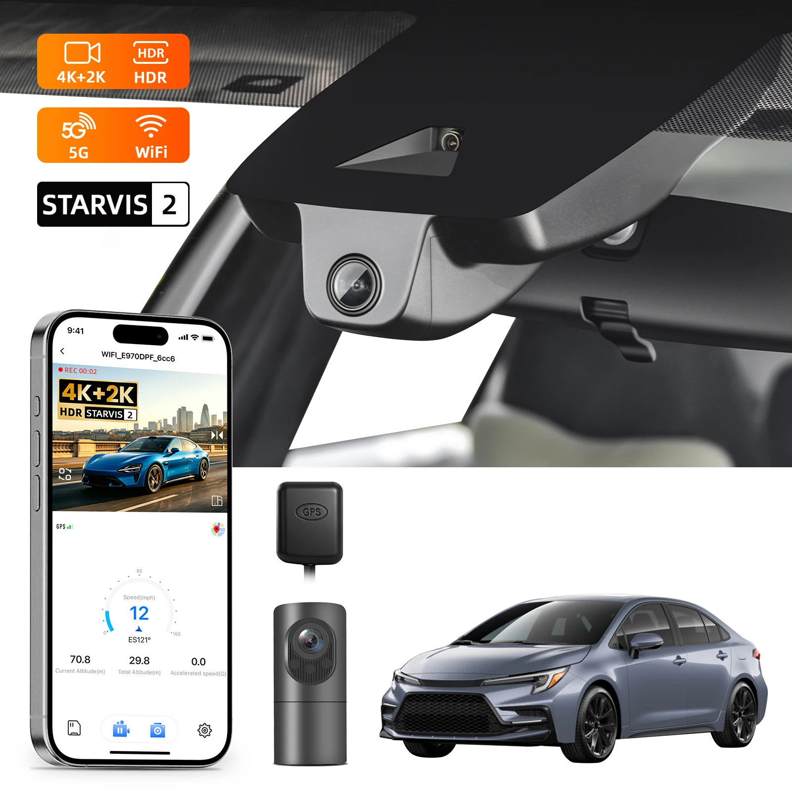 Câmera Veicular 4K HDR com Sensor STARVIS 2 para Toyota Corolla e Corolla Hybrid 2019-2026 com GPS, Wi-Fi 5GHz e Gravador por Aplicativo