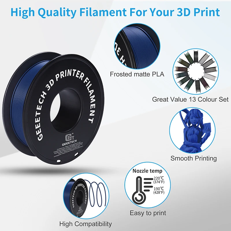 Geeetech Filamento mate PLA 1,75 mm Bobina de 1 kg (2,2 lb), material de impresora 3D Ácido poliláctico, textura esmerilada, Envase al vacío