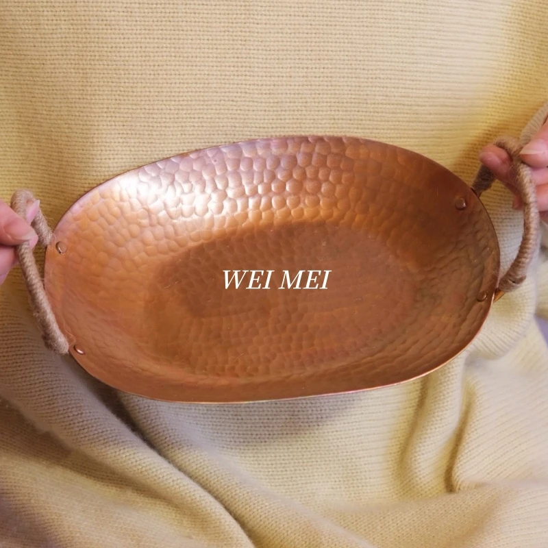 

Винтажная медная тарелка с фруктами, сотканная вручную текстура молотка в форме эллипса, поднос для хлеба, тарелка для домашнего еды 17 см, посуда