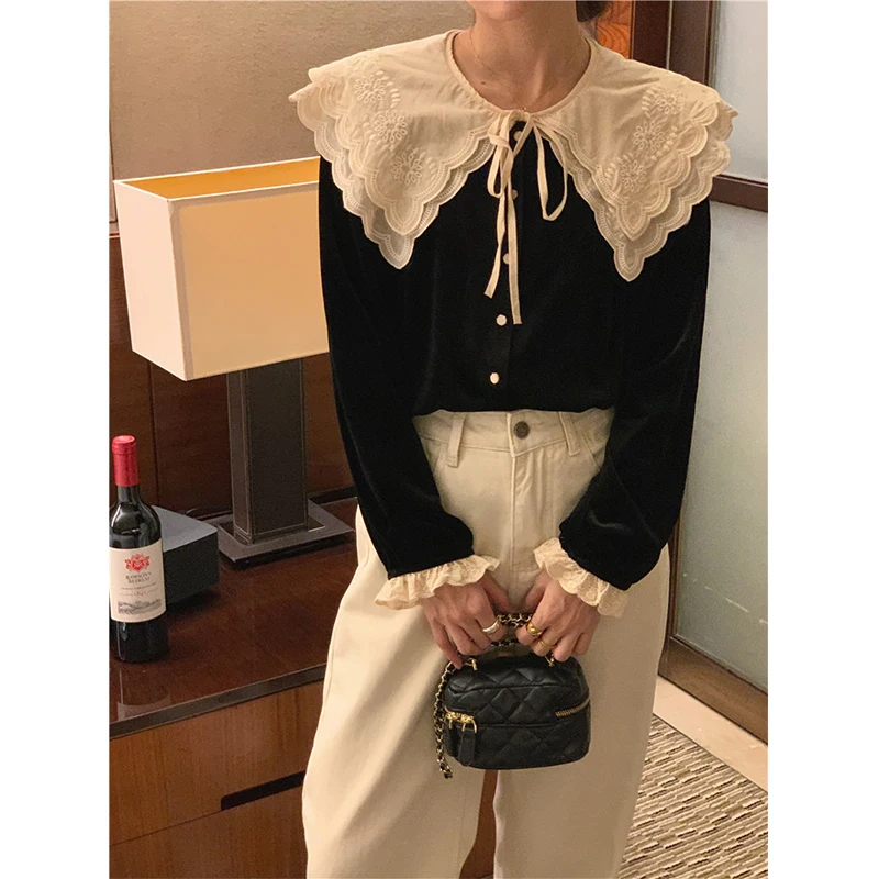 Vintage Black Velvet Shirts Women Elegant Lace Patchwork Blouses Office Ladies Korean Bandage Long Sleeve Loose Chic Tops New