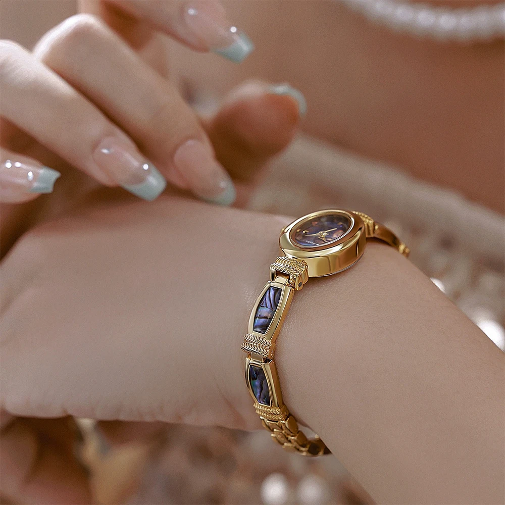 Bee Sister Orologio da donna Nuovo stile Orologio da polso con conchiglia di abalone in oro nero naturale premium Orologio da donna al quarzo vintage di lusso