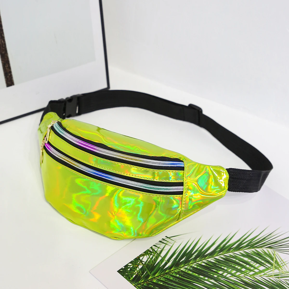 Holograficzna saszetka biodrowa z hologramem Laser PU Beach Traverl Banana Hip Bum Zip Waistbags Women Belt Bag For Party Travel