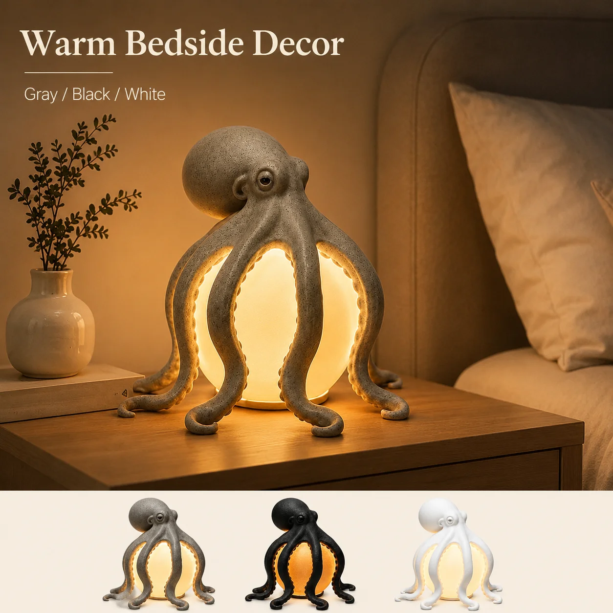 Resin Octopus Table Lamp Ocean Sculpture Warm Light USB Powered Desktop Decoration for Halloween Party Bedroom Home Decor