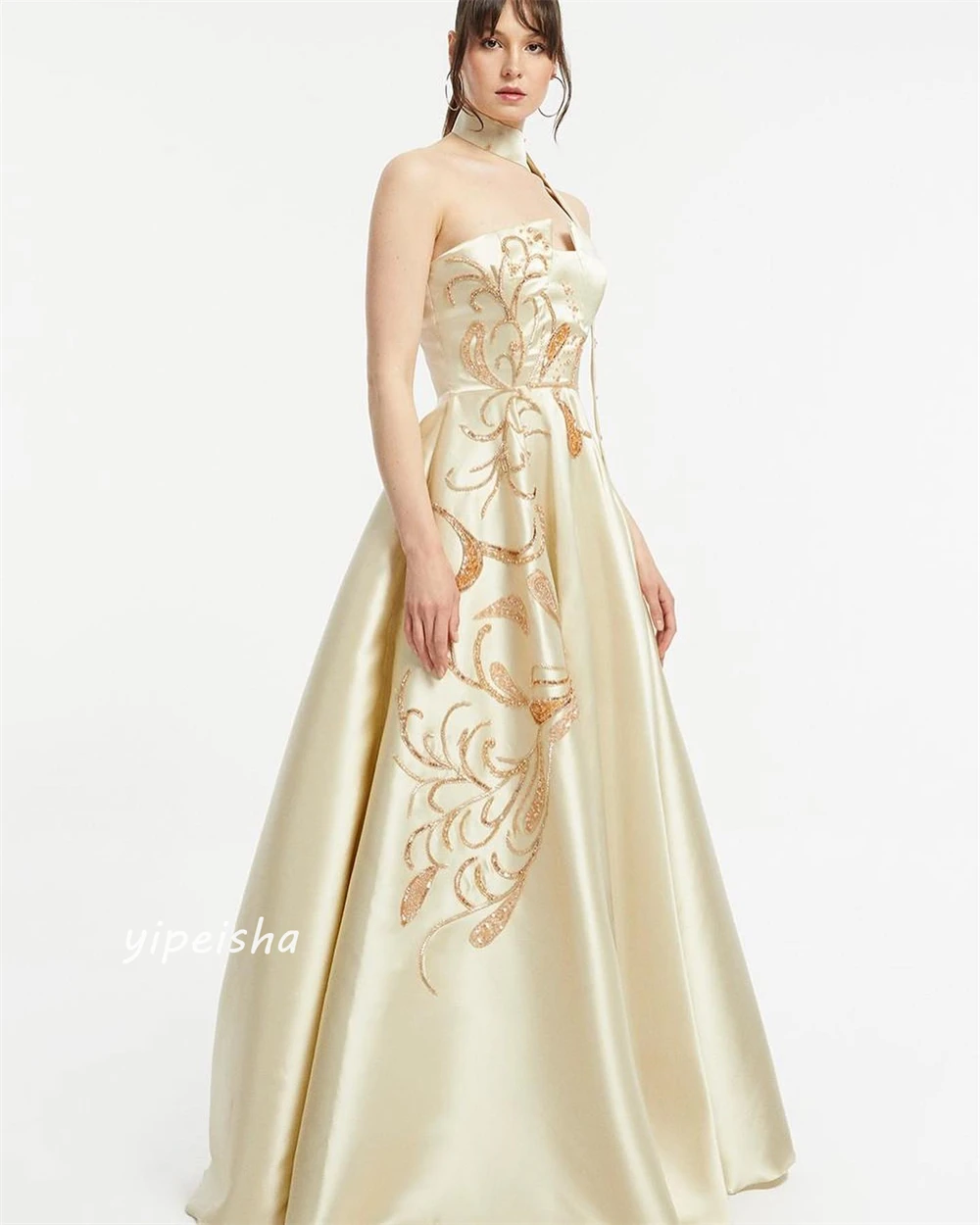 Customized  Evening Saudi Arabia s Sequined Draped Pleat Wedding Party A-line Strapless Bespoke Occasion Gown Long Dresses