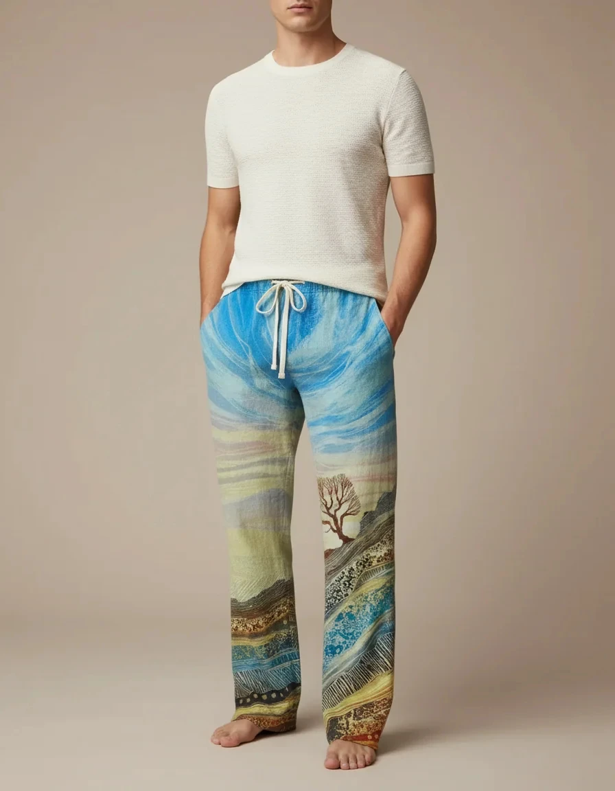 Men's Artistic Landscape Printed Casual Pants, Adjustable Drawstring Waist, Soft Silky Touch Lightweight Daily Trousers