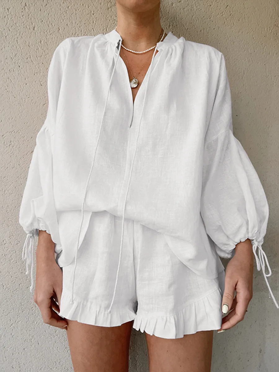 

2026 Spring Summer Women White Cotton Linen Two Piece Set Lantern Sleeve Tops Shorts Set